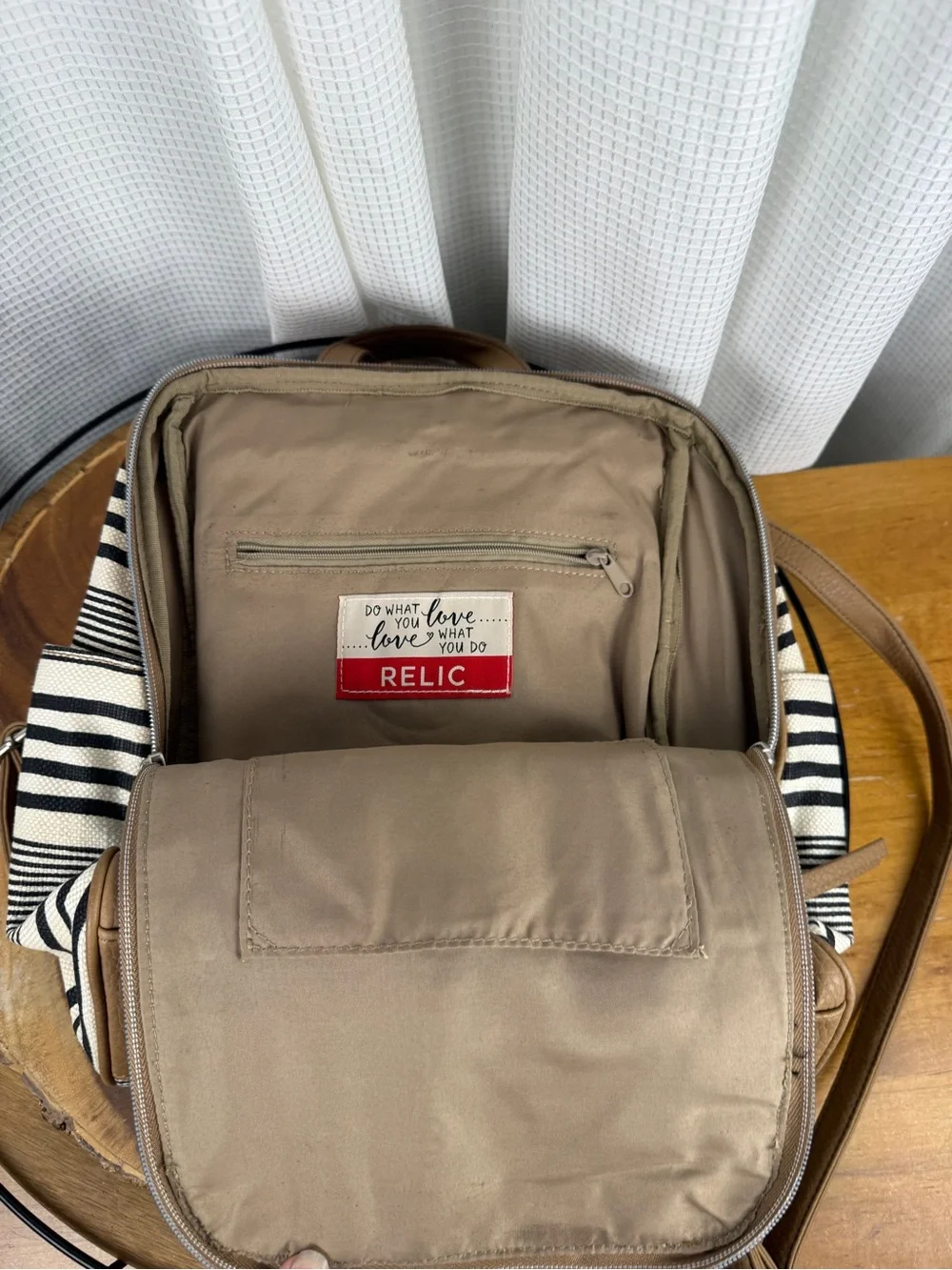 Relic Striped Black & Cream Canvas Backpack Purse with Tan Trim - EUC